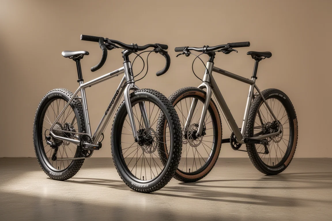 Two steel gravel bikes with drop handlebars and knobbly tyres on a concrete surface