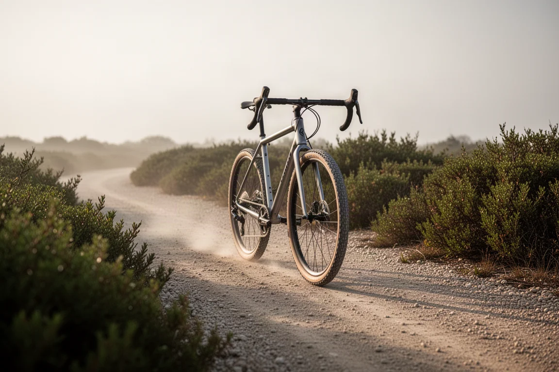 Gravelcykel som rullar fram på en dammig grusväg i varmt kvällsljus