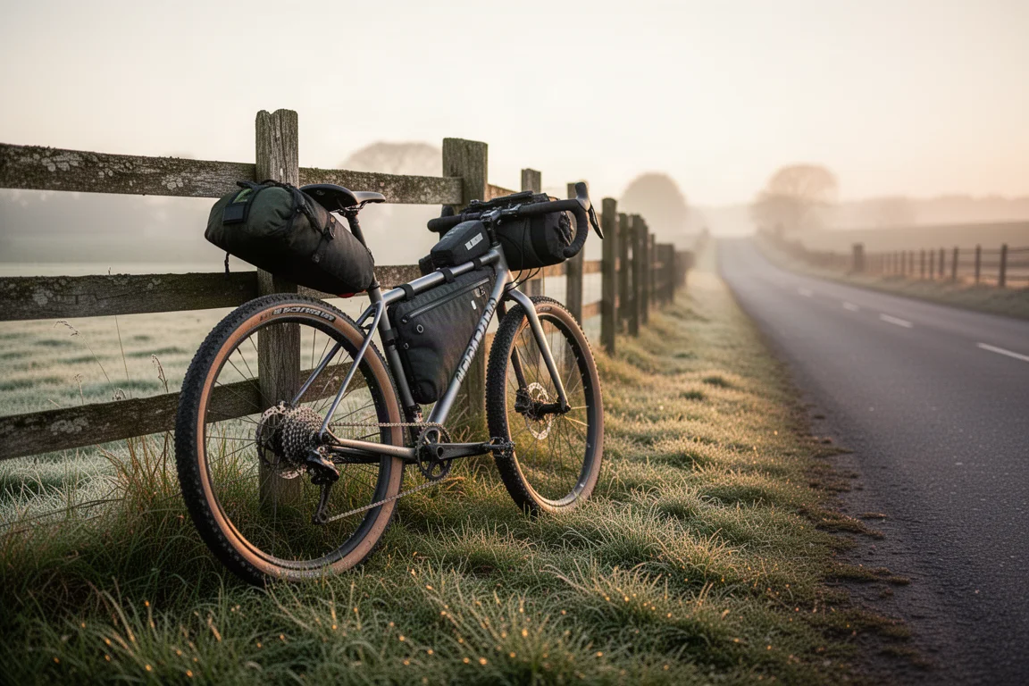 Lastad stålgravelcykel lutad mot en stolpe på en landsväg i skymningen