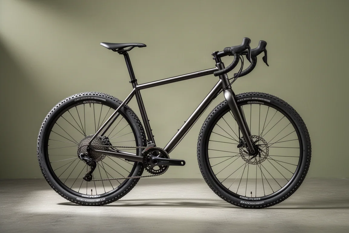 Chromoly stalen gravelbike met verbrede drop bars en dikke banden op een betonnen vloer