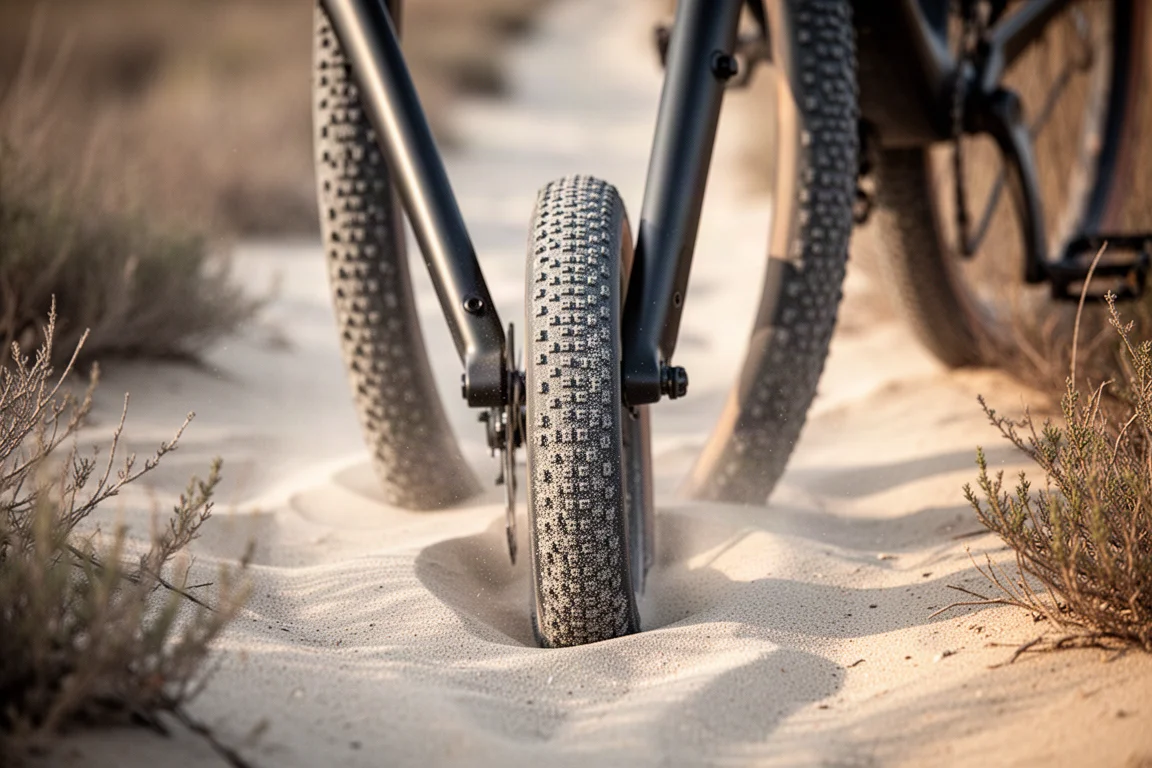 Gravelbike mit Bikepacking-Taschen beladen neben einem Feldweg in der goldenen Stunde