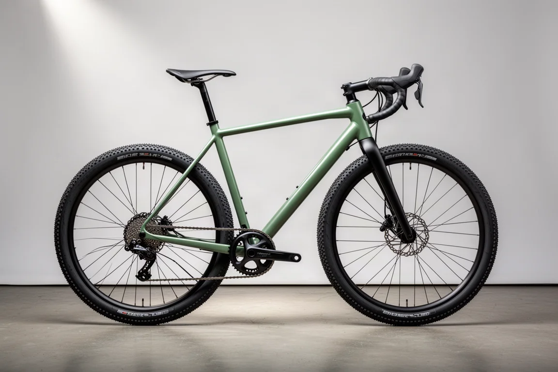 Steel gravel bike with carbon fork and flared drop bars on a neutral studio backdrop
