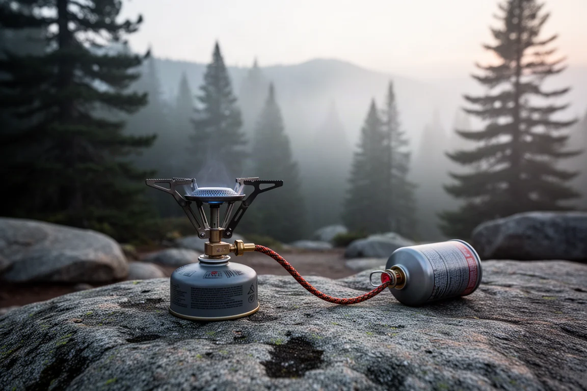 Petit réchaud à cartouche faisant bouillir de l'eau sur un rocher dans un camping à l'aube