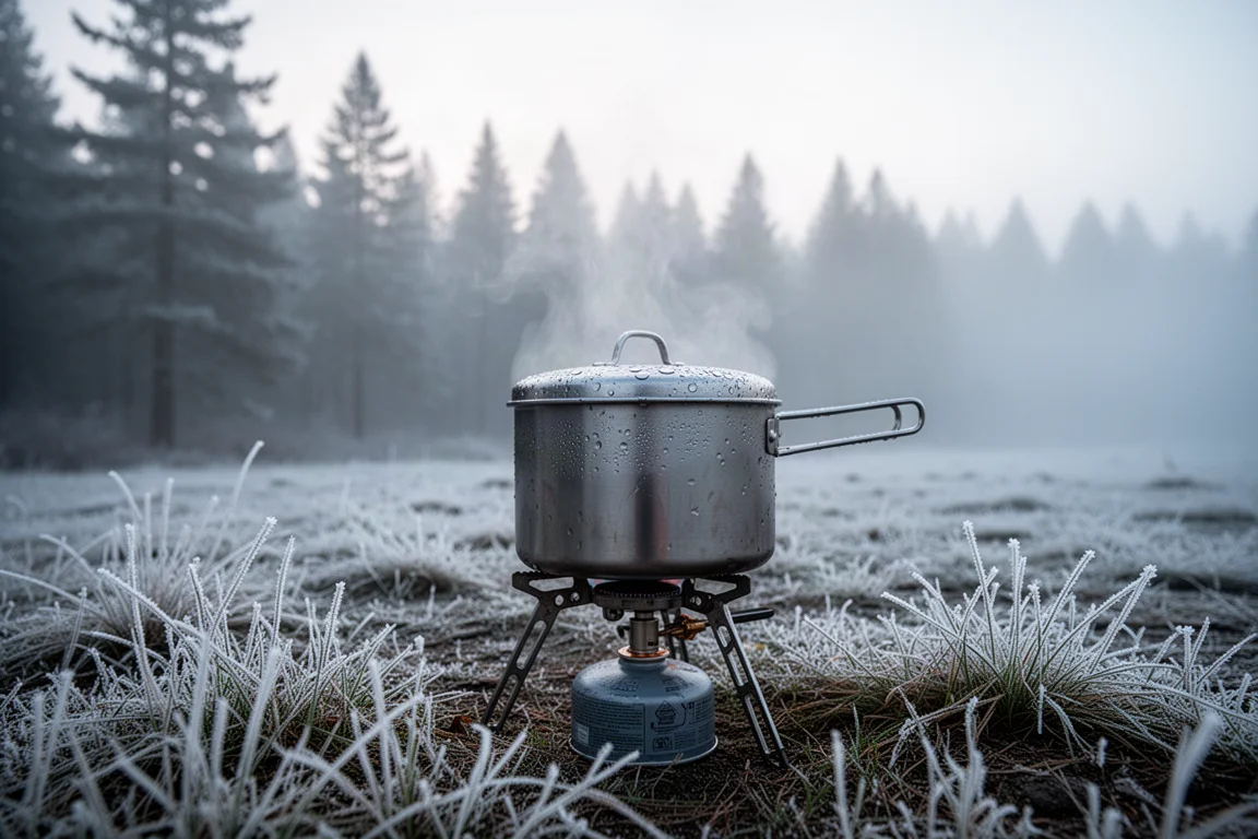 Gros plan sur une couronne de flamme bleue s'étendant sous la base d'une casserole en métal