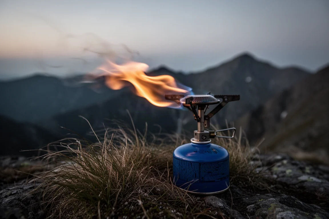 Camping couvert de givre aux premières lueurs avec un réchaud posé sur une dalle de pierre plate