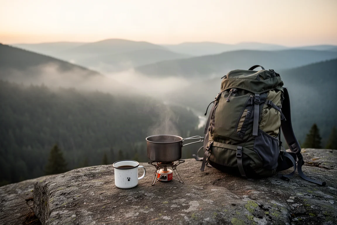 Vue de dessus à plat d'un kit de cuisine de camping compact sur du bois patiné