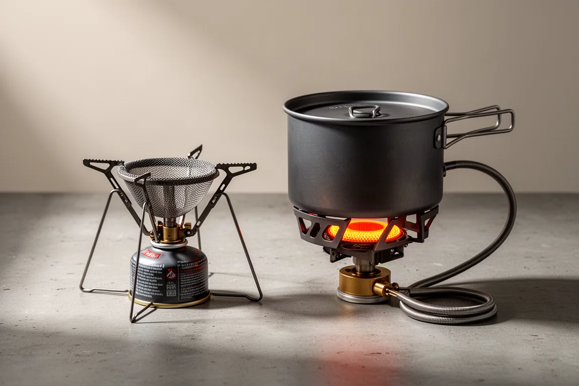 Small canister stove and anodised cook pot with external fuel line on concrete