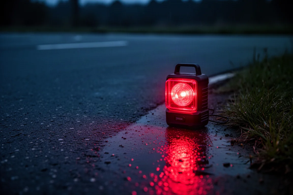 夜晚路邊閃爍的紅色緊急警示燈