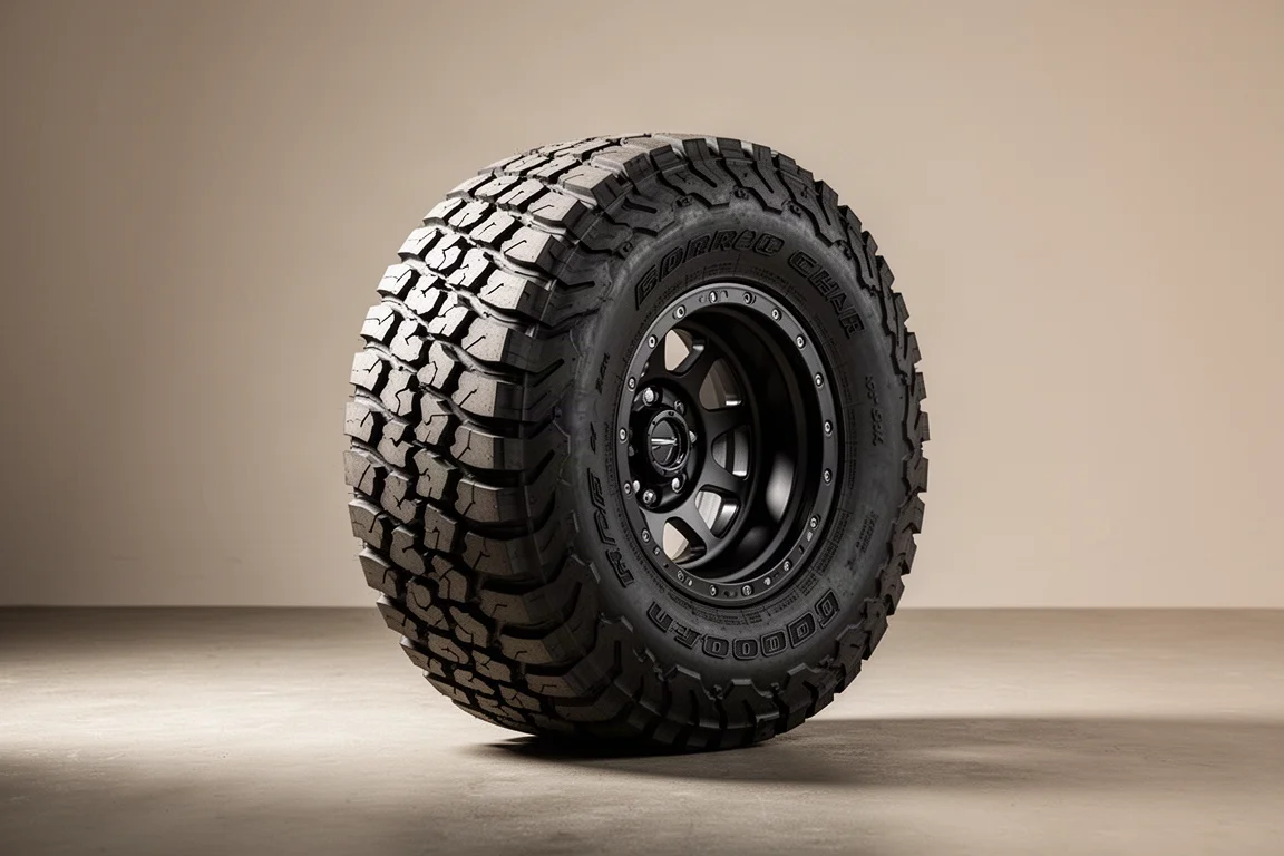 Agresywna opona all-terrain do pickupu pod kątem trzech czwartych na tle betonu