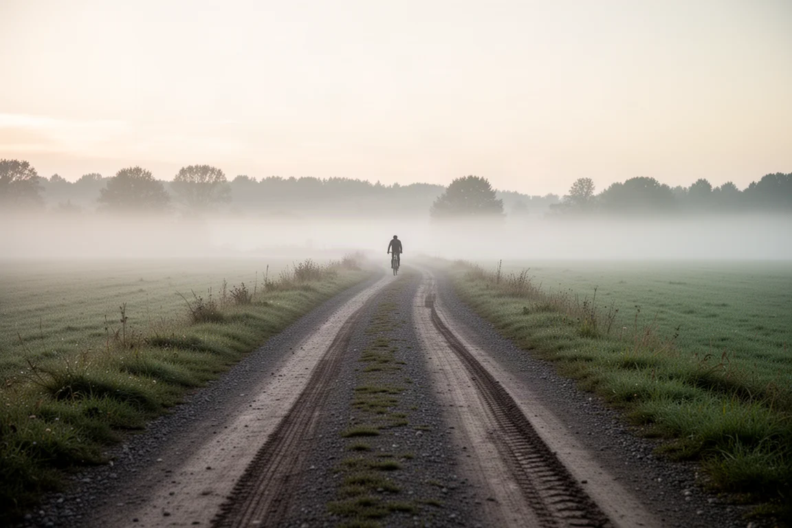 Gravelpad door mistig landschap bij zonsopgang met verse bandensporen