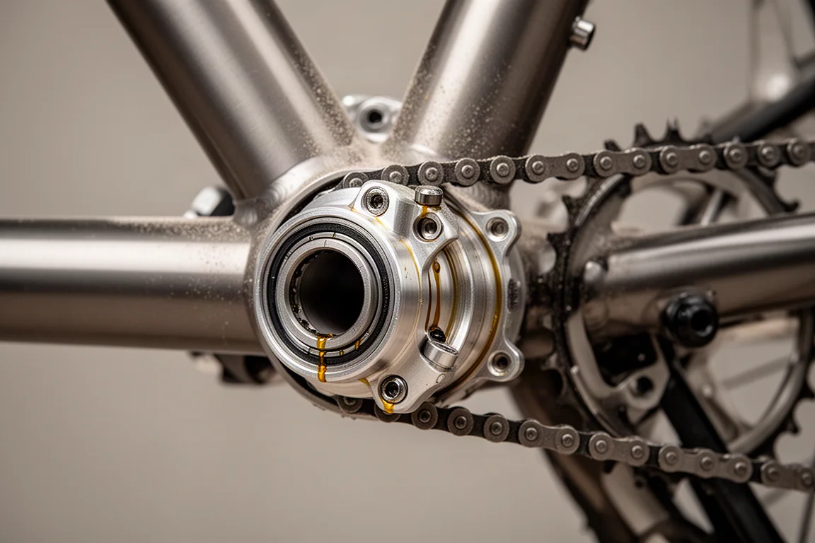 Close-up van een gesloten bottom bracket gearbox-behuizing met een getande belt