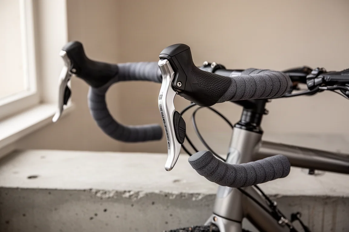 Close-up van verbrede gravel drop handlebars met een handvormige remhendel
