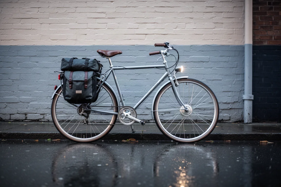 Belt-driven fiets met fietstassen geparkeerd op een natte stadstraat na regen