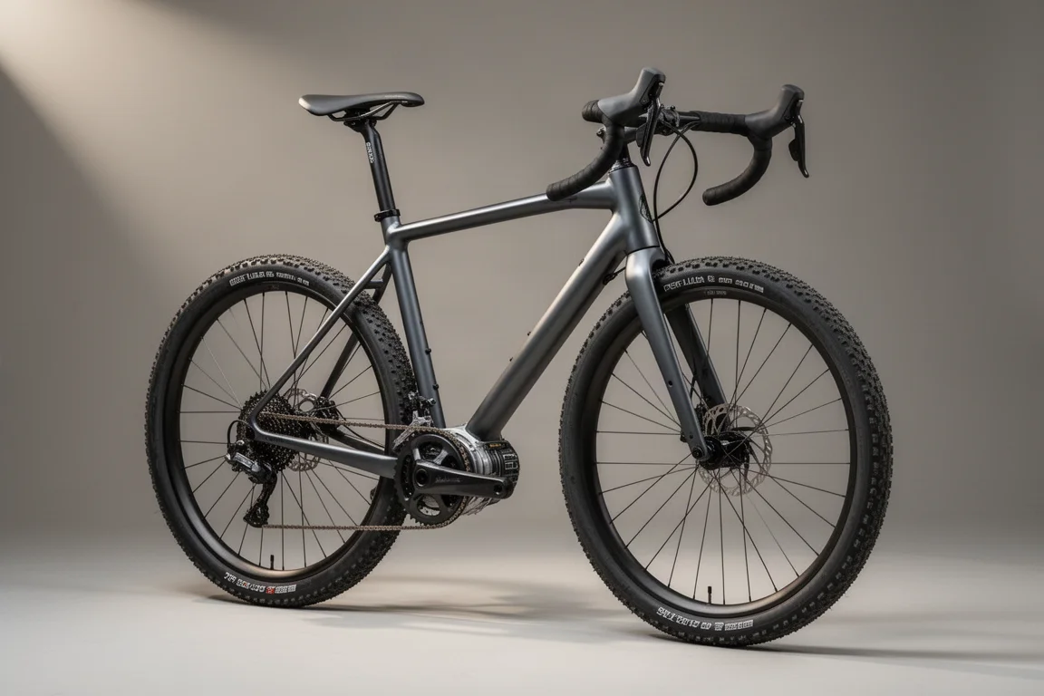 Aluminium gravel bike with belt drive and bottom bracket gearbox on a grey backdrop