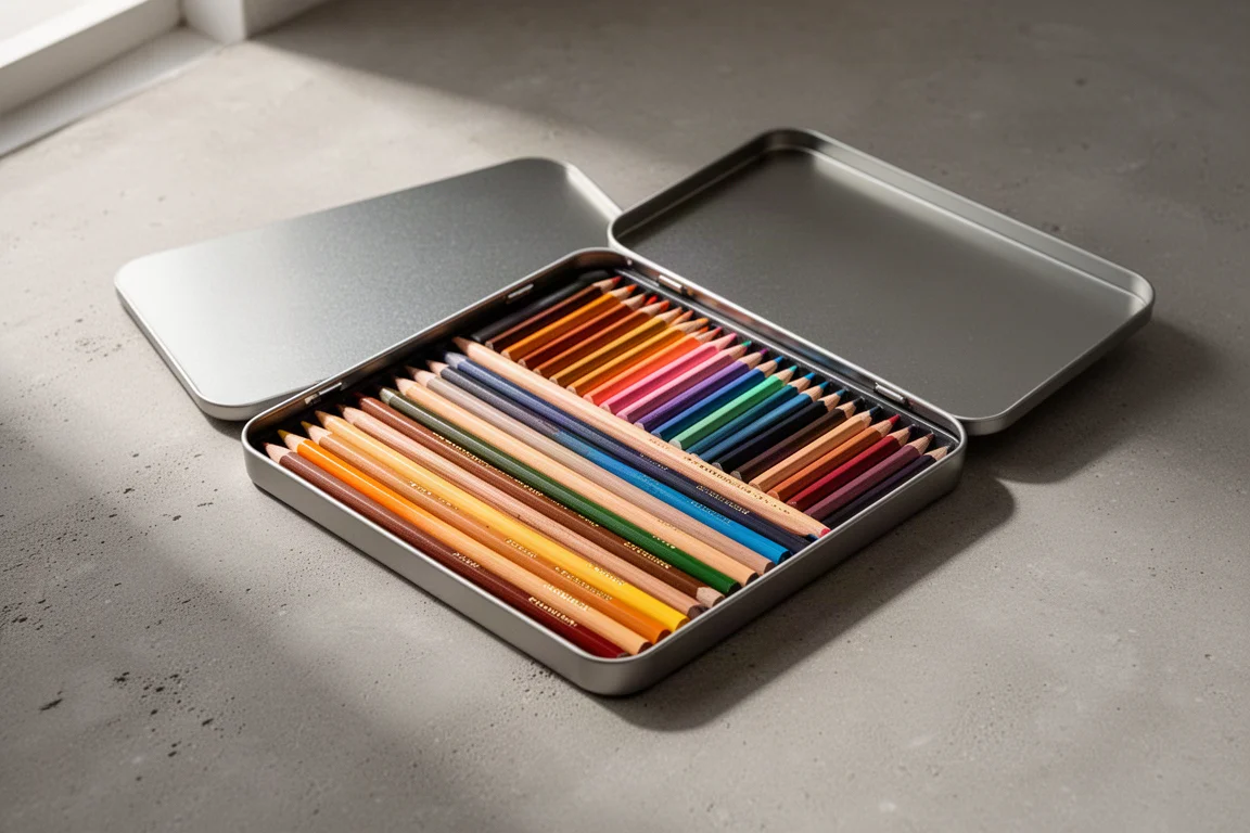Geöffnete Blechdose mit Prismacolor Buntstiften auf einer Betonfläche arrangiert