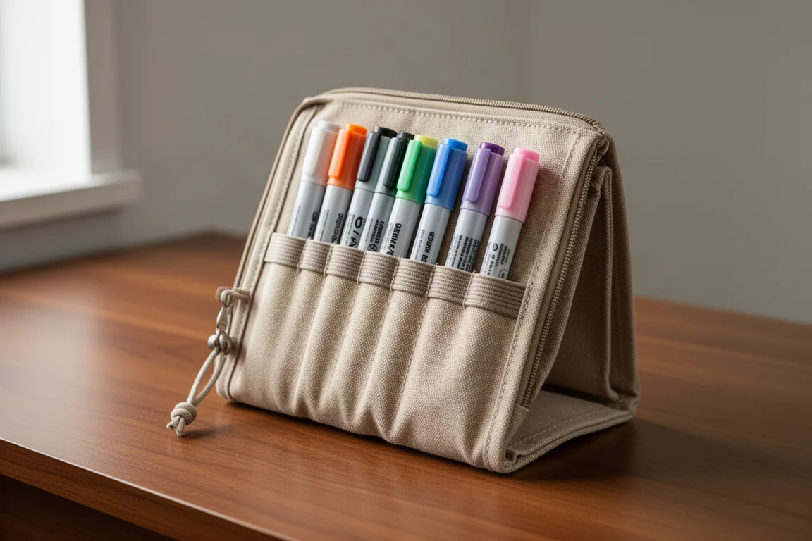 Canvas marker case folded open into a tilted display stand holding markers upright