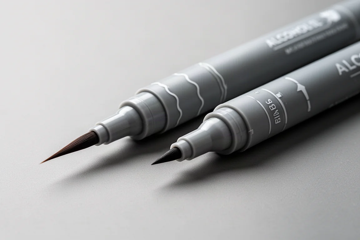 Dual-nib marker showing brush nib and fine bullet nib side by side