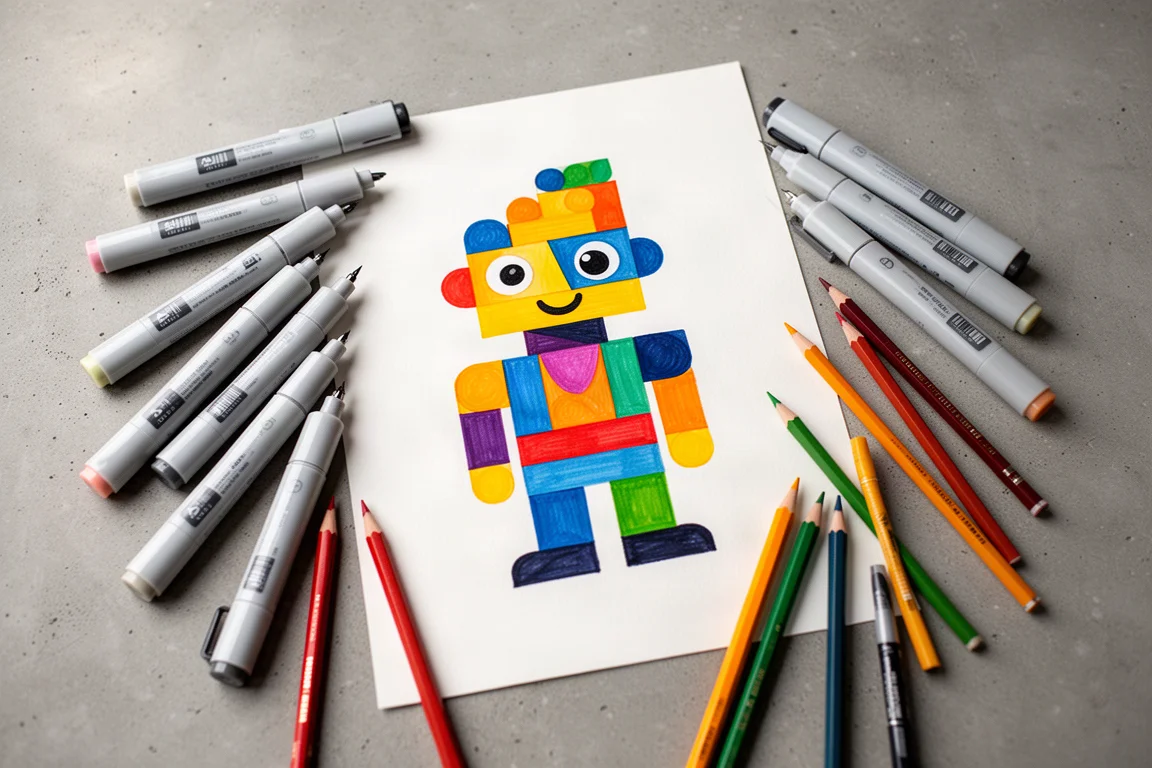 Artist's flat-lay of a finished bright blocky illustration next to markers and pencils