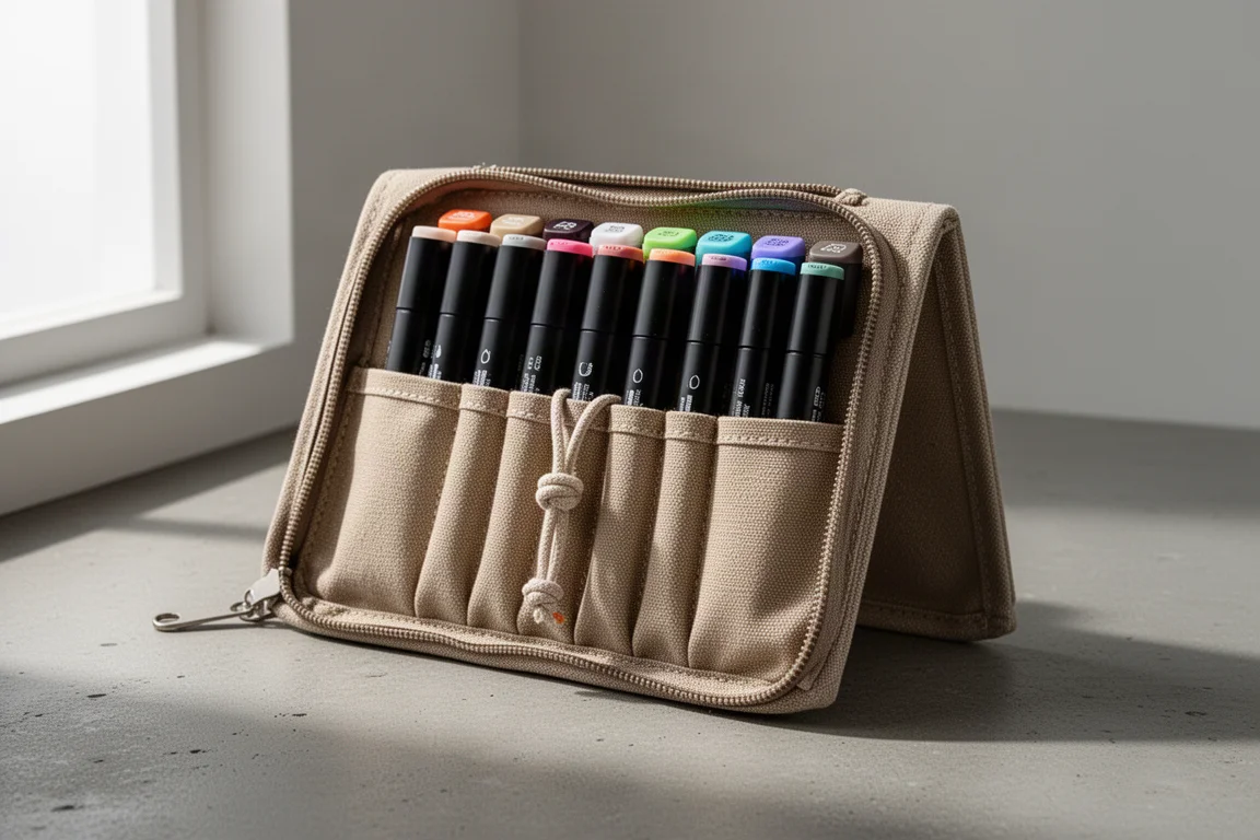 Geöffnete Canvas-Tasche mit einer Reihe doppelspitziger Prismacolor-Marker, befestigt mit Gummischlaufen