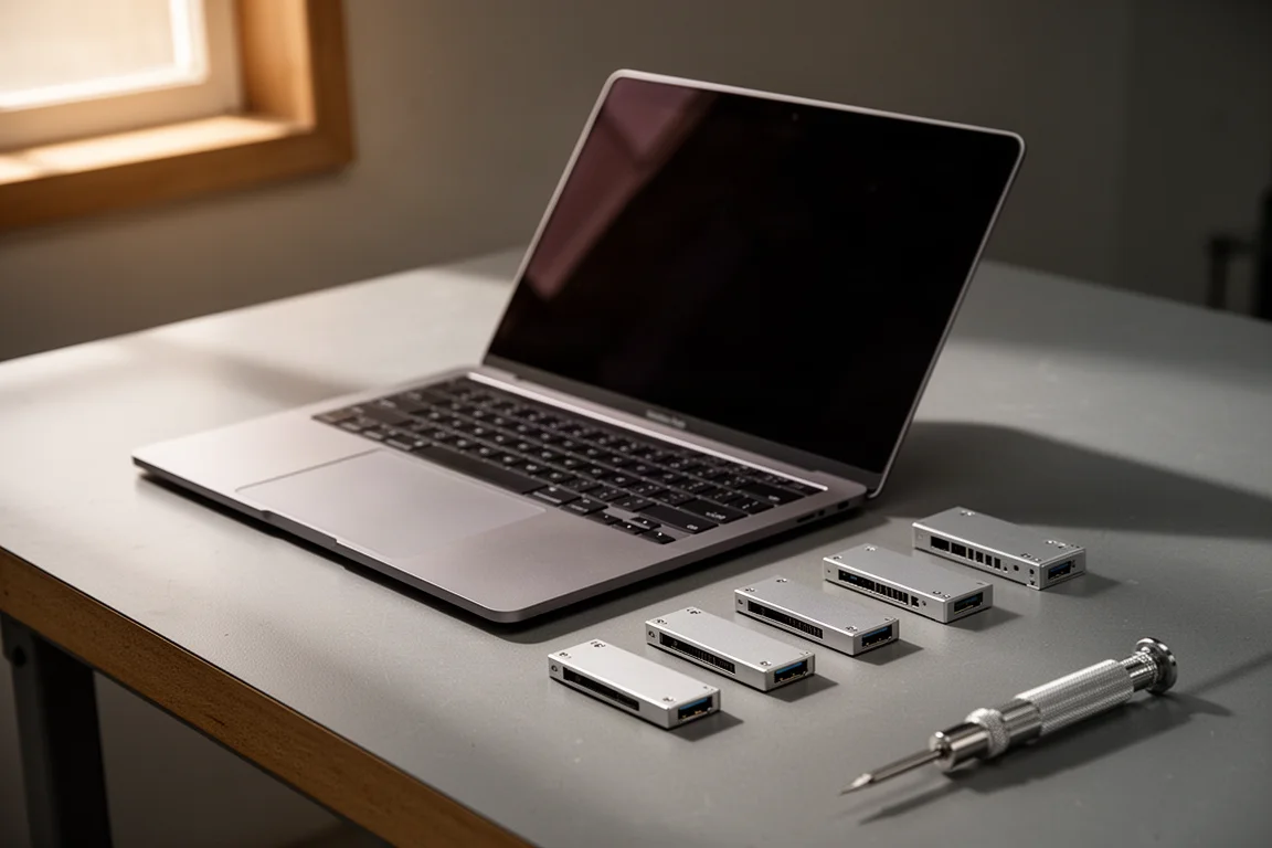 作業台の上にノートPC、その横に小さな長方形の拡張モジュールが一列に並ぶ