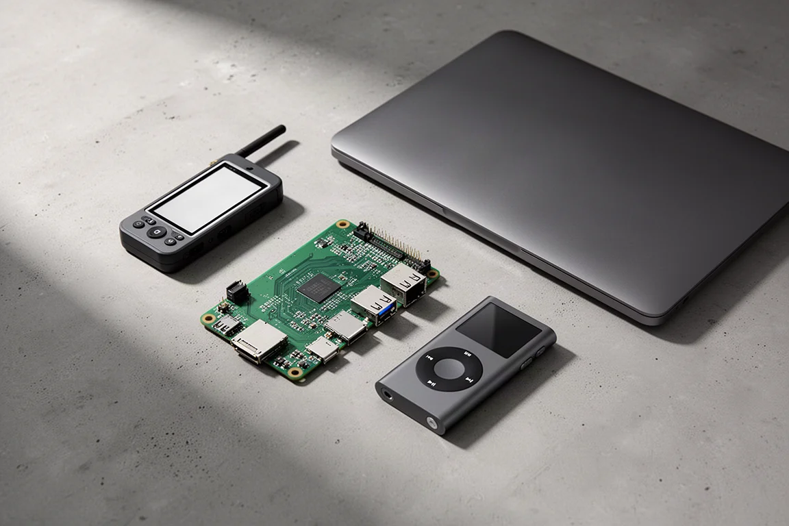 Four personal tech devices arranged on a concrete surface: handheld gadget, circuit board, laptop and music player