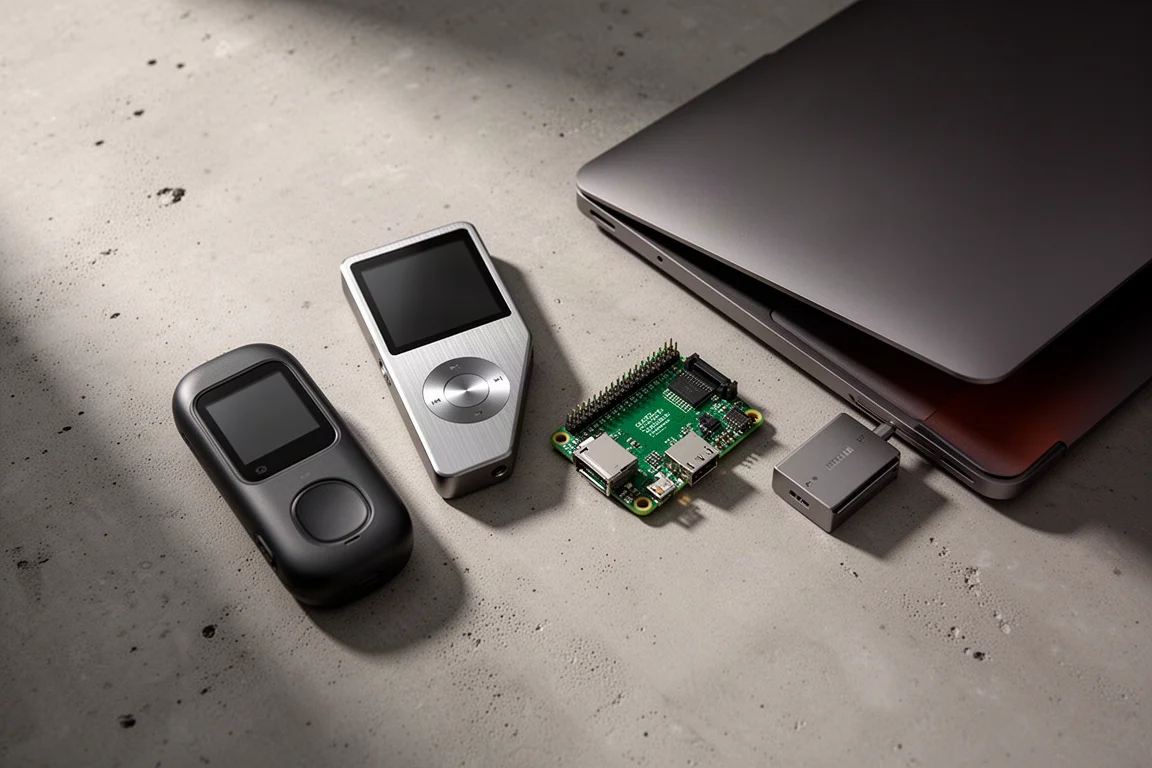 Four privacy-focused gadgets arranged on a concrete surface: handheld tool, music player, circuit board and modular laptop