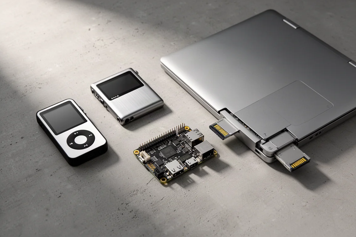 Four privacy-focused gadgets arranged on a concrete surface in soft directional light