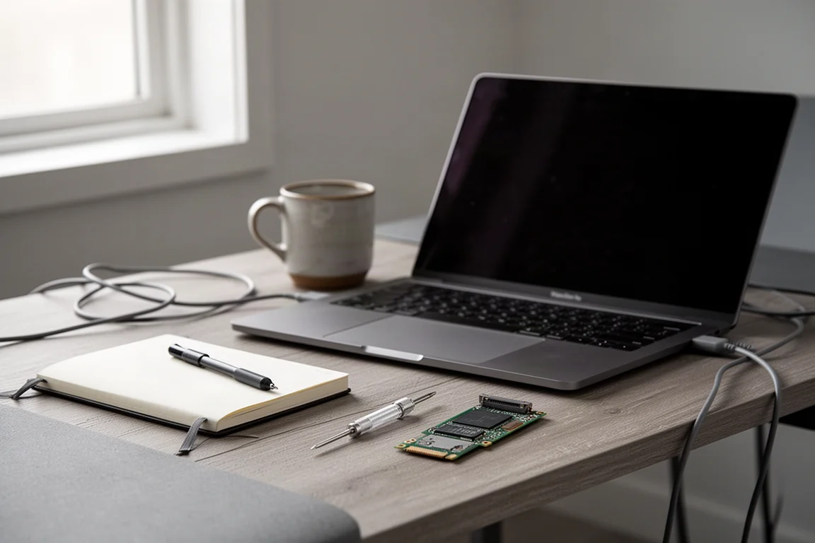 Närbild på en expansionsmodul som halvt dragits ut ur sidofacket på en slimmad laptop