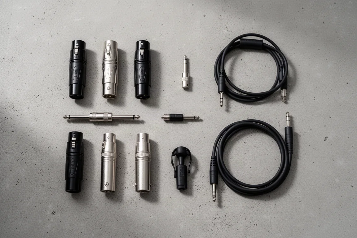 Flat-lay dall'alto di adattatori pro audio e cavi adattatori corti su cemento