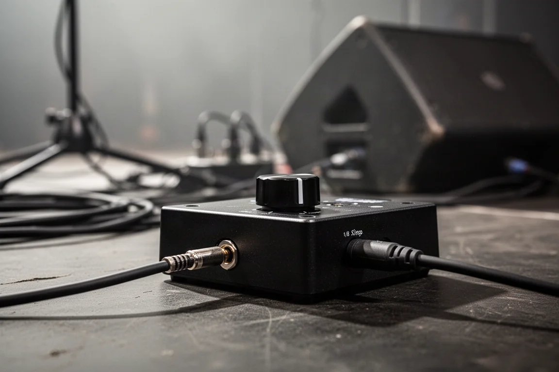 Primo piano di una piccola manopola di livello e jack stereo su un'interfaccia da pavimento da palco