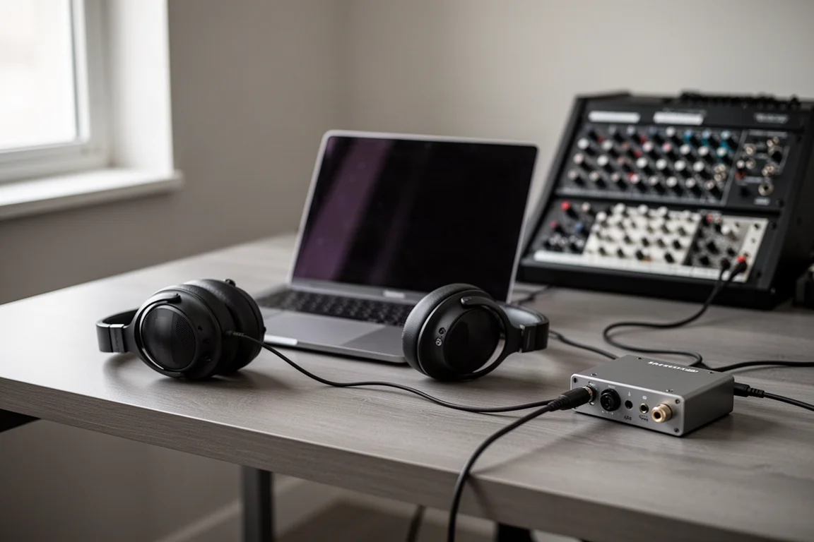 Scrivania da studio con laptop, cuffie e un cavo corto che corre verso una piccola interfaccia