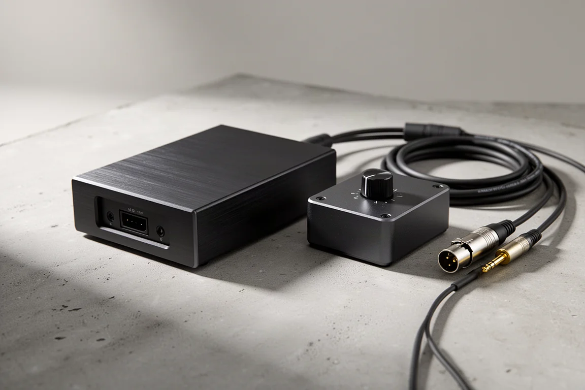 Two compact audio interface boxes with cables on a matte concrete surface