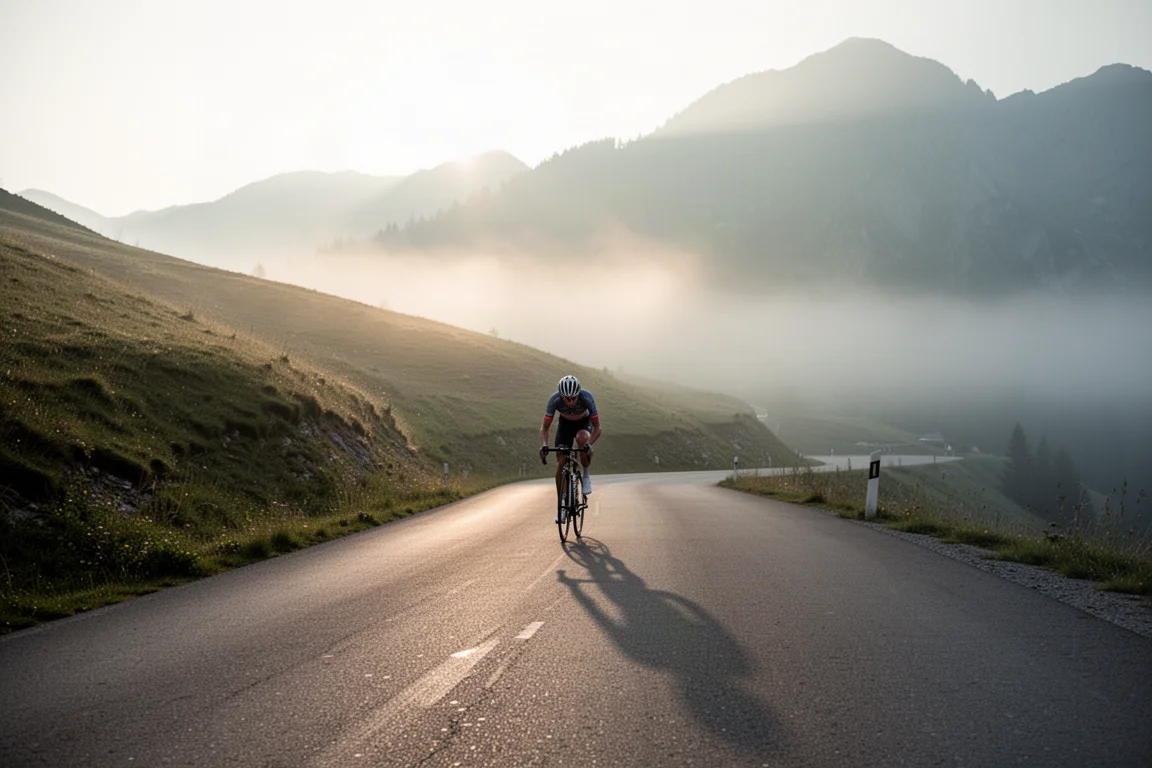 Ciclista de carretera subiendo un puerto de montaña tranquilo con la luz del amanecer
