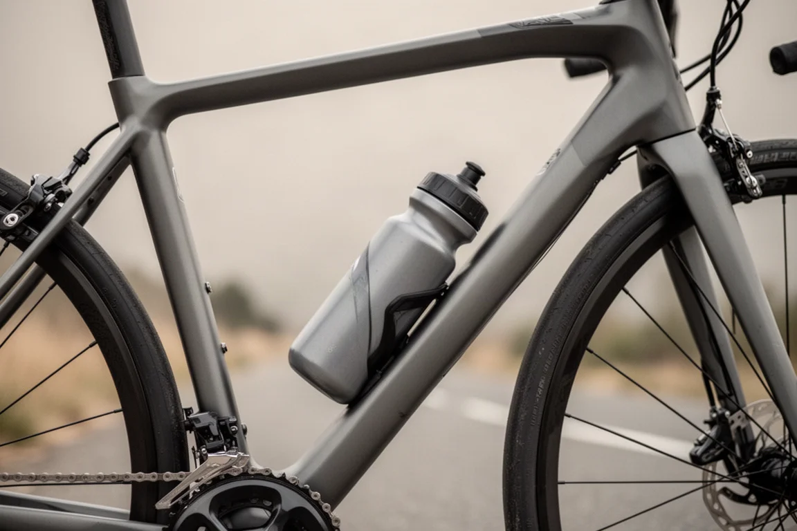 Primer plano de un bidón estilizado integrado a ras en el cuadro de una bici de carretera