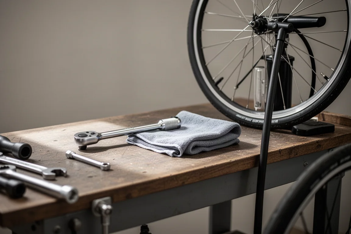 Banco de taller de bicicletas con herramientas y una rueda bajo una luz suave