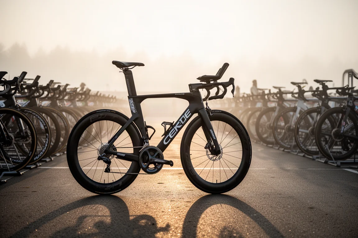 Triatlonfietsen op een rij in een wisselzone bij dageraad met mist en weinig licht