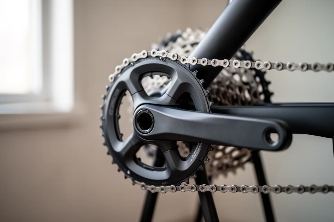 Close-up van een crankstel en kettingbladen aan de aandrijfzijde van een racefiets