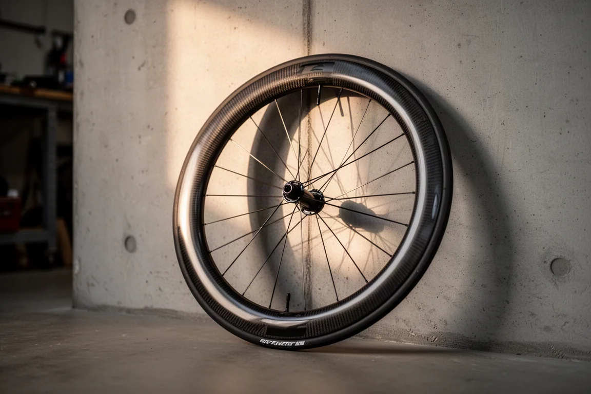 Diep carbon achterwiel leunend tegen een betonnen werkplaatsmuur