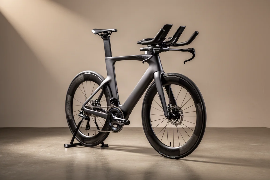 Tijdrit-triatlonfiets met diepe carbonwielen op een betonnen studiovloer
