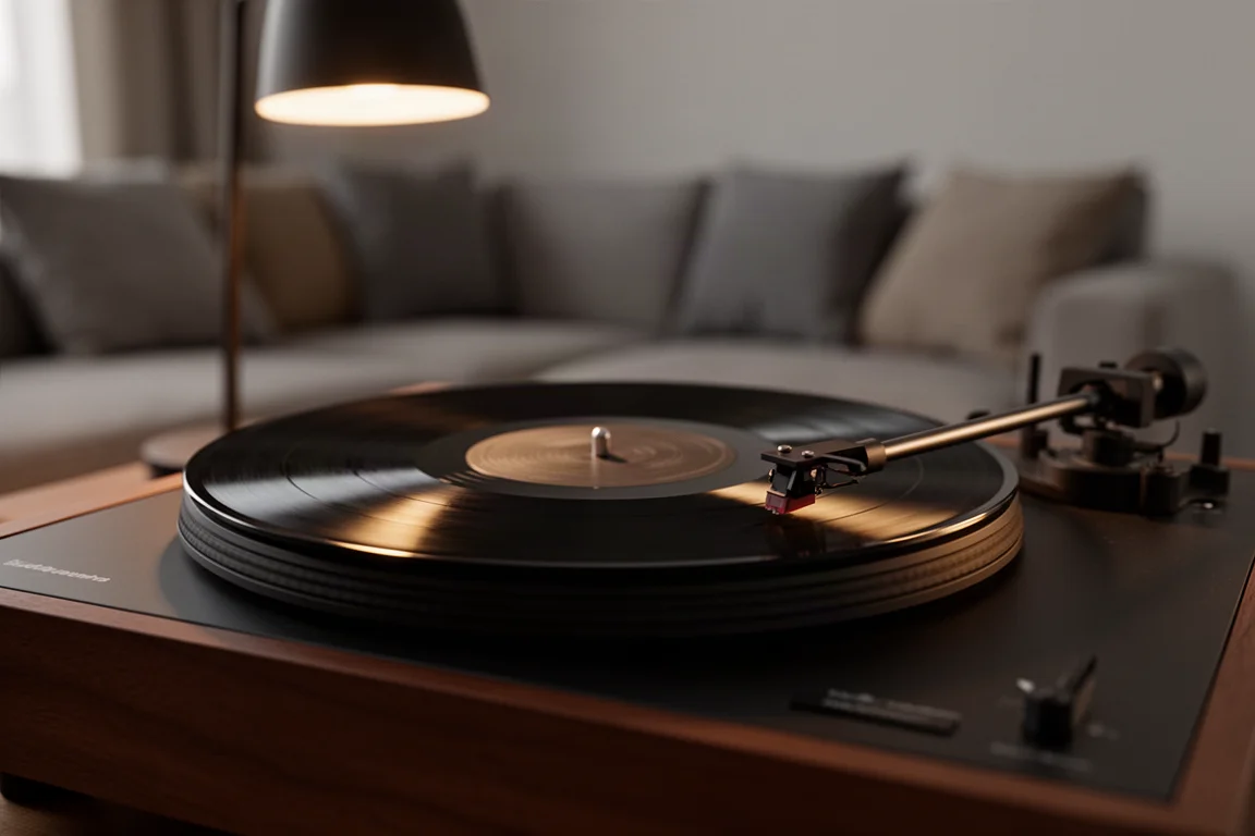 Vinyl record spinning on a turntable platter under warm evening lamp light