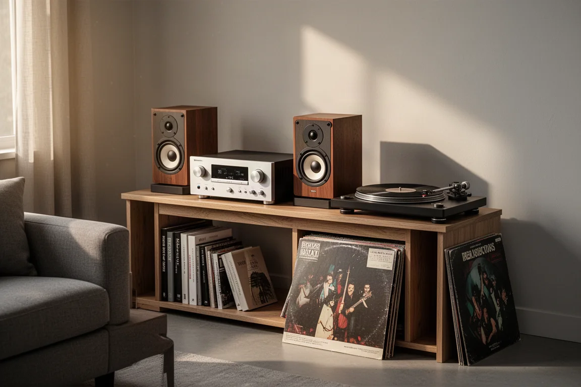 Compact hi-fi shelf with amplifier, speakers and a leaning vinyl record sleeve