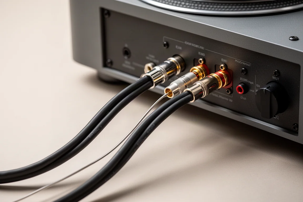 RCA cables and ground wire running from a turntable rear panel to an amplifier