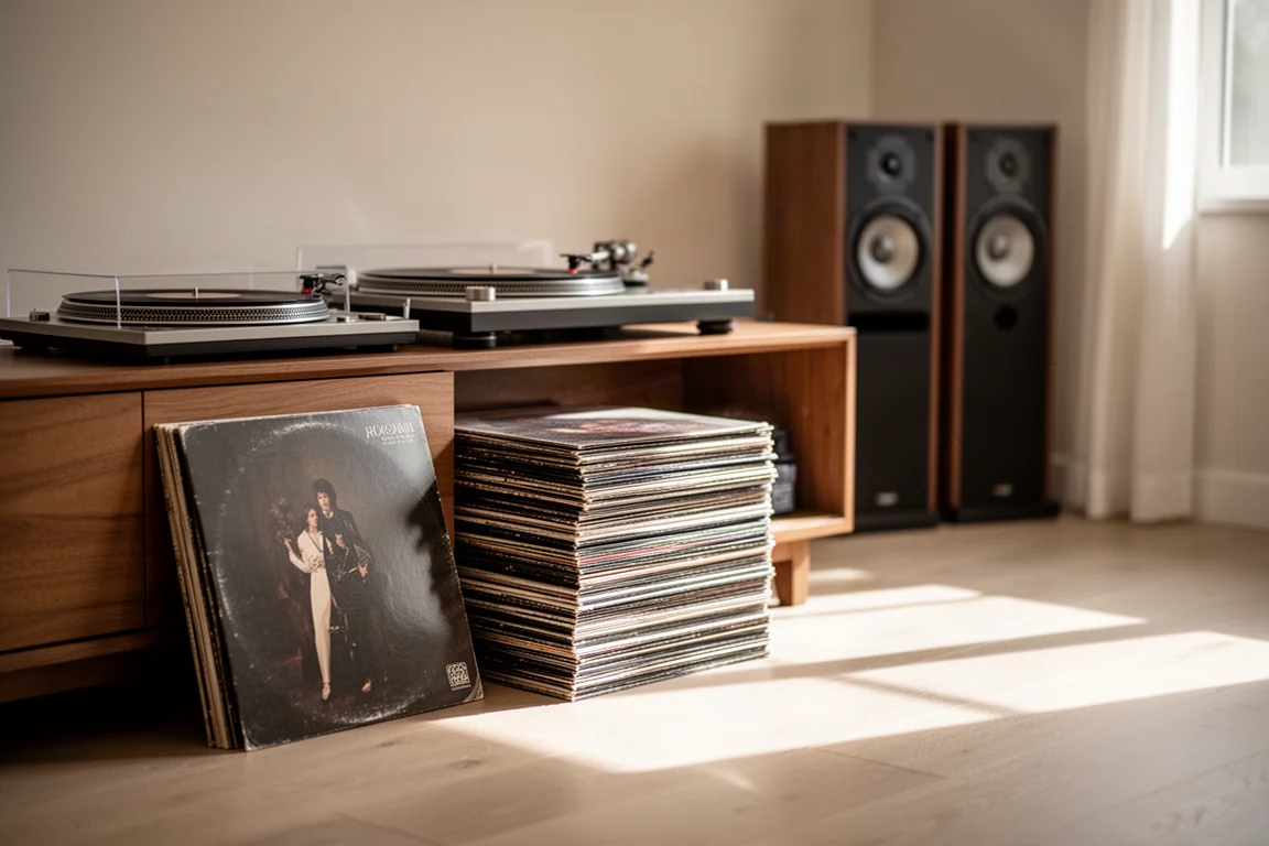 Stack of vinyl records beside a turntable in a sunlit listening room