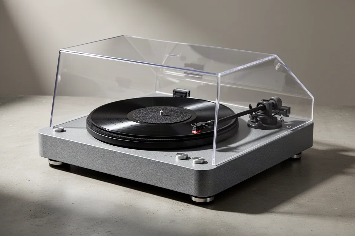 Belt-drive turntable with matte grey plinth and vinyl record on the platter