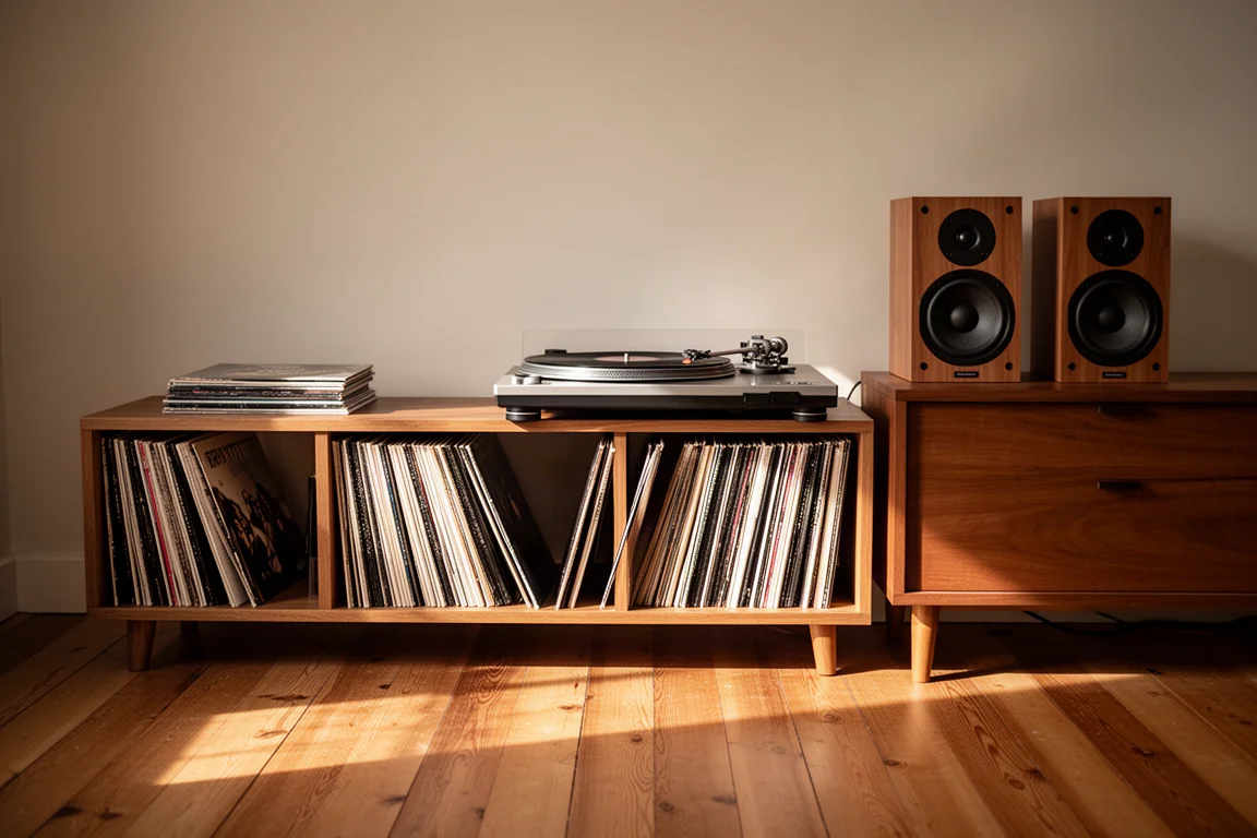 Luisterhoek met een lage plank vol vinylplaten, een platenspeler en compacte speakers in warm licht