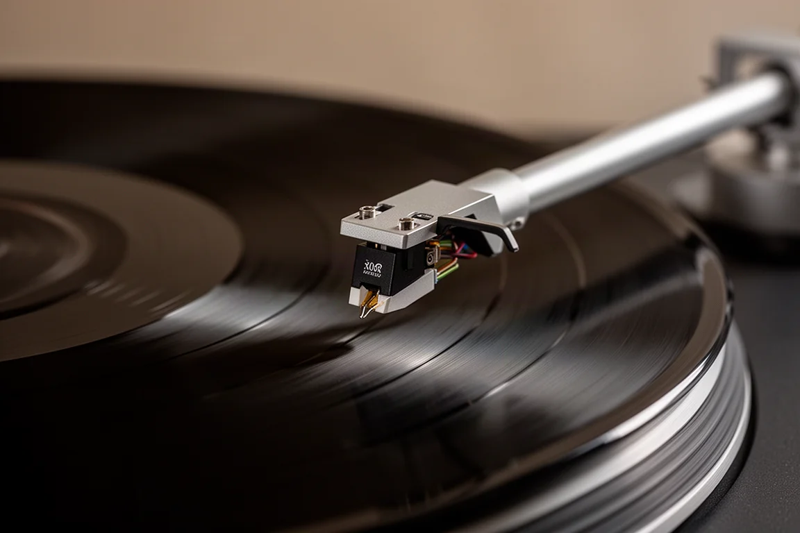 Macro-opname van een toonarm en naald die neerdalen richting de groef van een draaiende vinylplaat