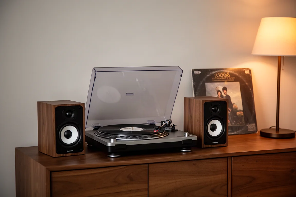 Compacte vinylopstelling met een platenspeler, actieve speakers en een platenhoes in warm avondlicht