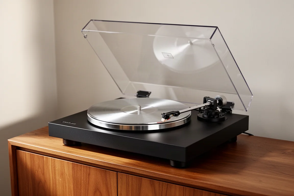 Belt-drive turntable with a black plinth and aluminium platter on a wooden sideboard