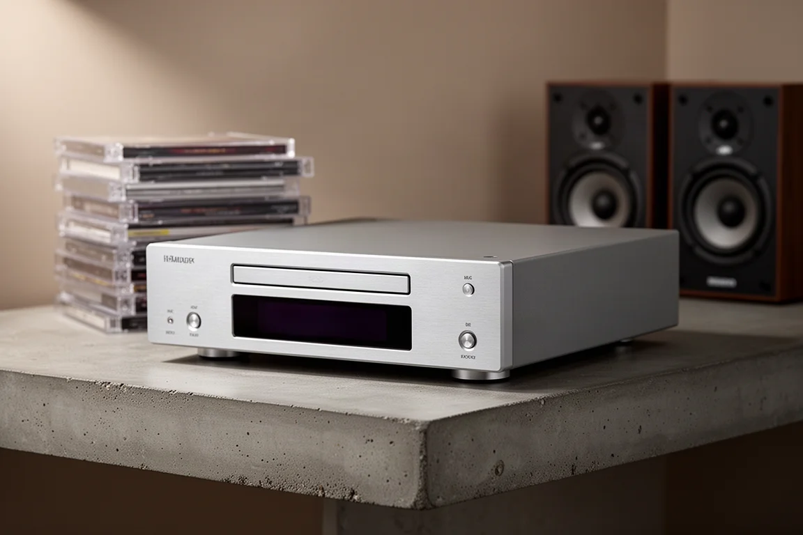 Compact silver CD player with slot-loading disc opening on a shelf beside CDs and small speakers