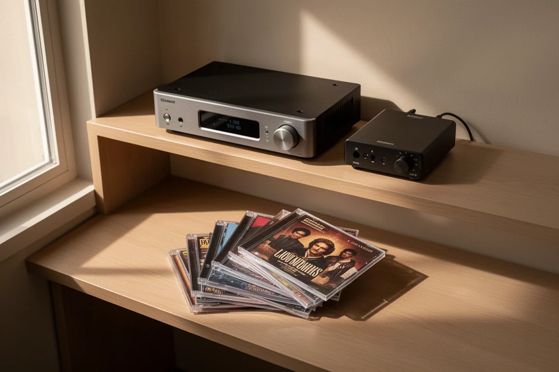 Vista dall'alto di una mensola hi-fi con un lettore compatto, un DAC e una ventagliata di CD